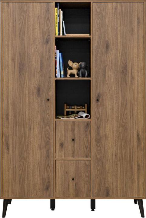 Produktbild Bopita 2-Türiger Schrank mit 3 offenen Fächern/2 Schubladen Zara Walnuss/Mattschwarz (131 cm)
