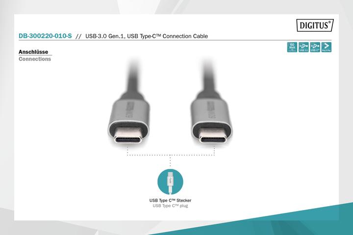 Produktbild Digitus USB-3.0 Gen.1, USB Type -C Anschlusskabel (1 m, USB 3.2 Gen 1, 60 W)