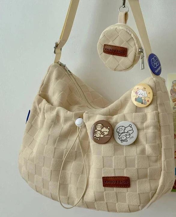 Only-Bags.Store Crossbody Bag Solid Color Plaid Print Large Capacity Shoulder Bag Cute Handbag