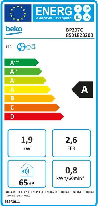 Label énergétique Beko BP207C (320 m², 6722 BTU/h)