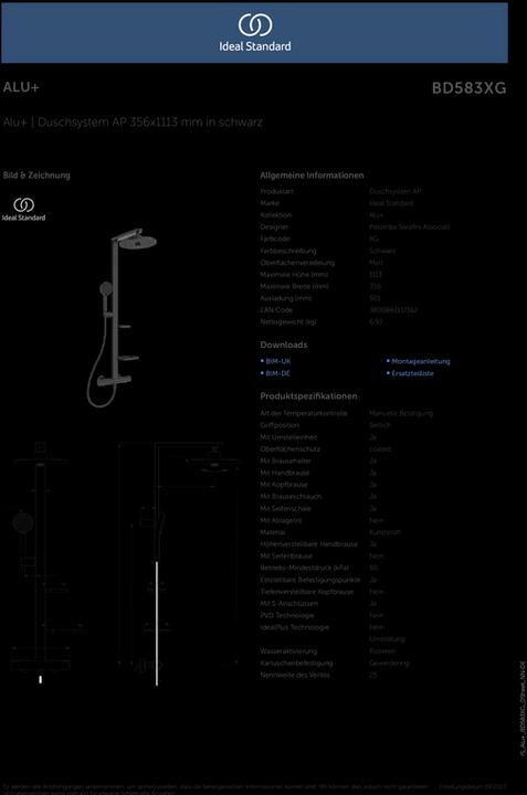Produktbild Ideal Standard Duschsystem Alu+: Ceratherm Brausethermostat 2 Ablagen, 2F-Handbrause, 2F-Kopfbrause