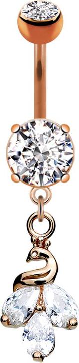 Star Piercing Banane rosegold mit zwei Kugeln Kristall silber Anhänger Pfau (Chirurgenstahl 316L, Messing)