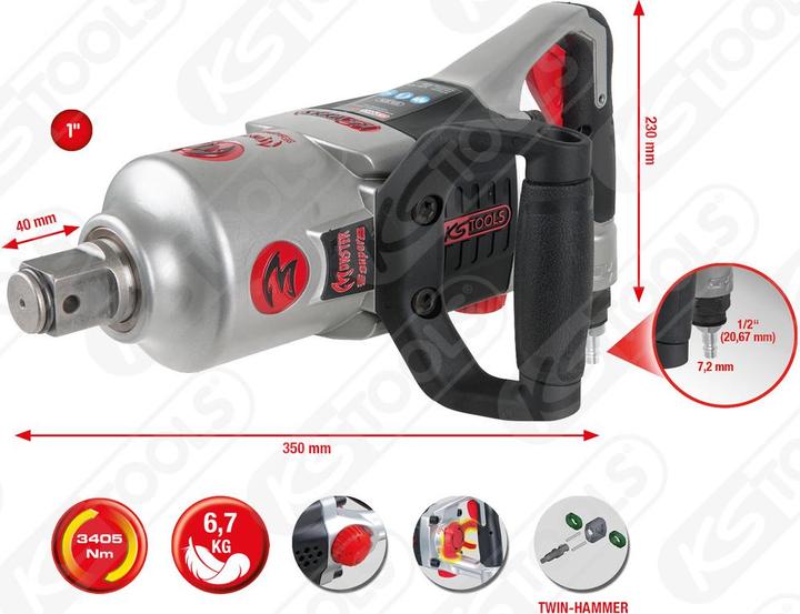 Produktbild KS Tools 1" superMONSTER Hochleistungs-Druckluft-Schlagschrauber, 3405 Nm, Länge 350 mm (Druckluft)