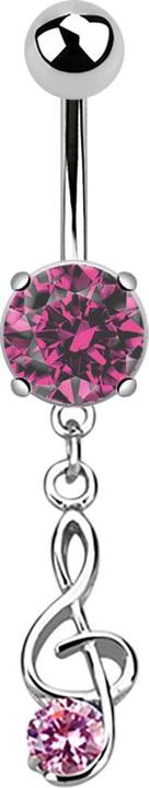 Star Piercing Banane silber mit Anhänger Notenschlüssel und Kristall pink (Chirurgenstahl 316L, ohne Messing)