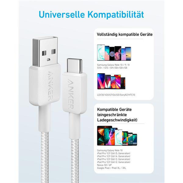 Produktbild Anker CABLE 322 USB-A A USB-C 1,8M BLANCO (1.80 m, USB 3.0, 45 W)