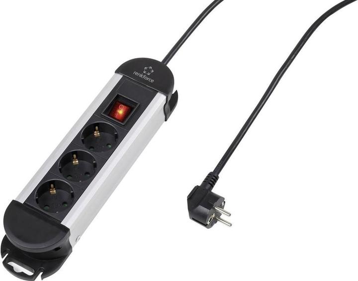 Produktbild Renkforce Steckdosenleiste mit Schalter 3fach Schwarz-Silber Schutzkontakt 1296312 (3 x, CEE 7/3, 1.50 m)