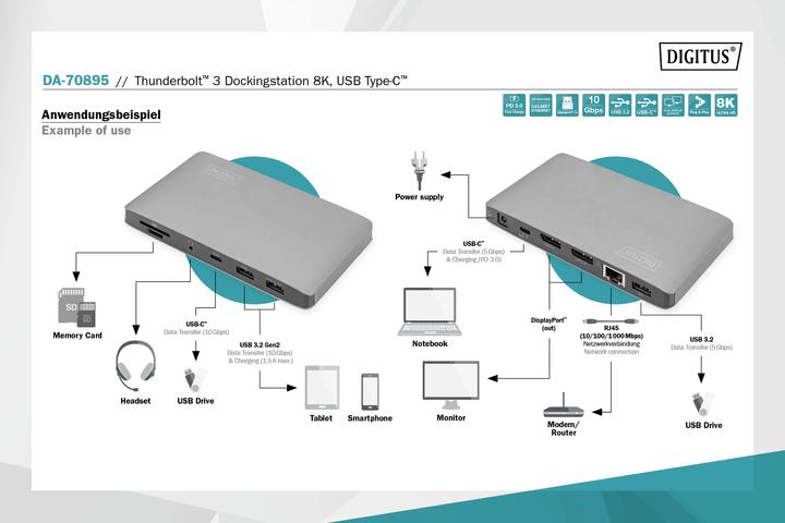 Produktbild Digitus Thunderbolt™ 3 Dockingstation 8K, USB Type-C™ (Thunderbolt, 3 Ports)