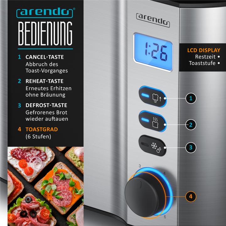 Produktbild Arendo Toaster Edelstahl 2 Scheiben Kurzschlitz, Display mit Restzeitanzeige, Doppelwand, Brötchenaufsatz