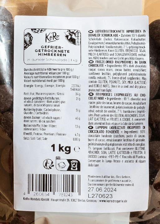 Immagine prodotto KoRo Gefriergetrocknete Himbeeren in dunkler Schokolade (1000 g)