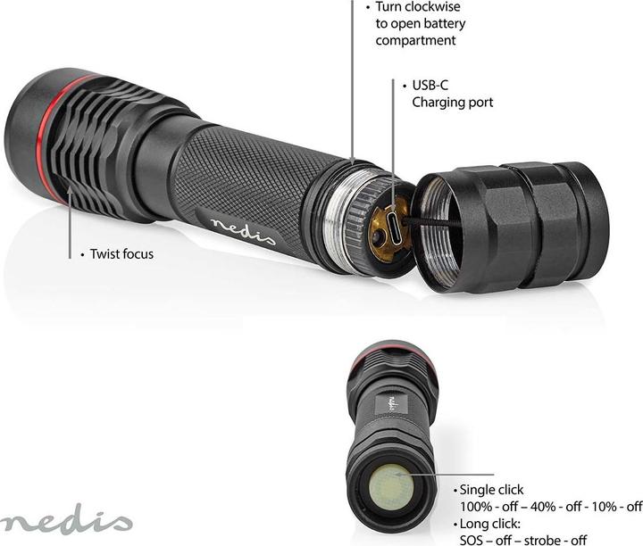 Actual product image Nedis LED torch, full metal housing, IPX7, 200 metre light range (3.40 cm, 1000 lm)