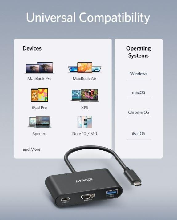 Immagine prodotto Anker 321 Hub USB-C (3-in-1) Ultra compatto 1x HDMI 4K 1x USB-C PD 1x USB-A grigio (USB-C, 3 Porti)