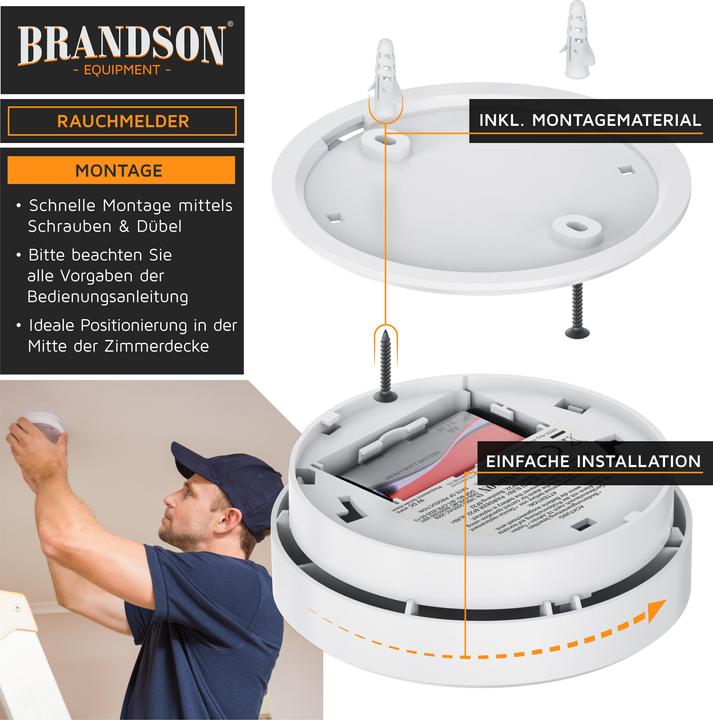 Actual product image Brandson Smoke detector, replaceable 9V block battery, Smoke Detector, LED, TÜV tested & EN14604 certified