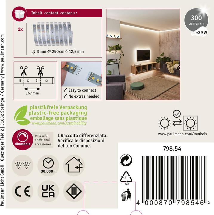 Immagine prodotto Paulmann MaxLED 250 Strisce (Bianco caldo, 250 cm, Interno)