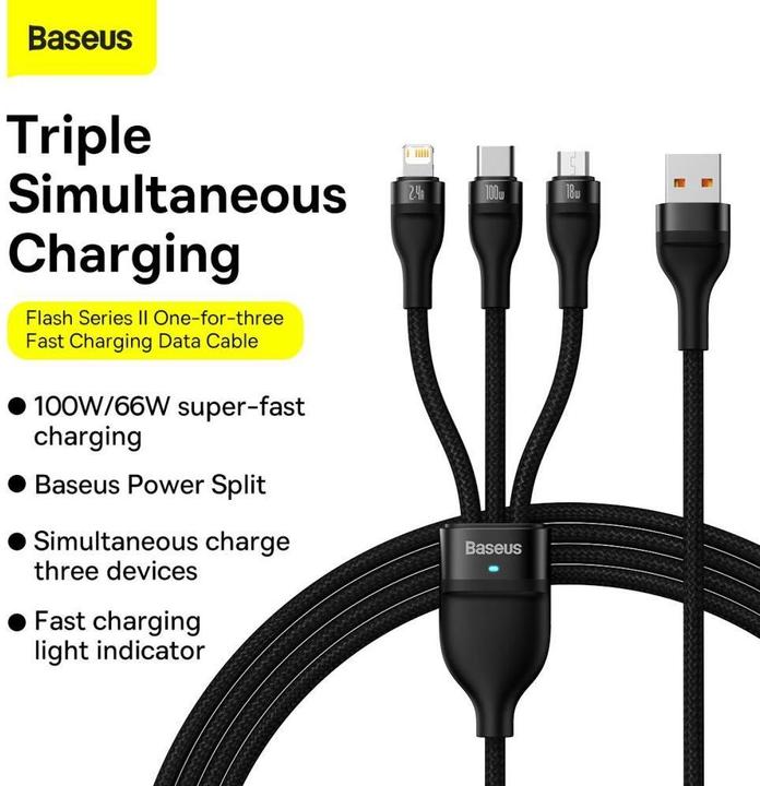 Immagine prodotto Baseus Cavo USB 3in1 Serie Flash, USB-C + micro USB + Lightning, 100W, 1,2 m (nero) (1.20 m, USB 3.2 Gen 1, 100 W)