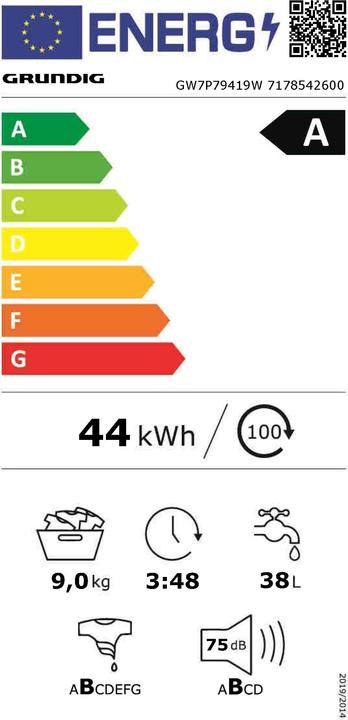 Energy Label Grundig GW7P79419W (9 kg, Left)