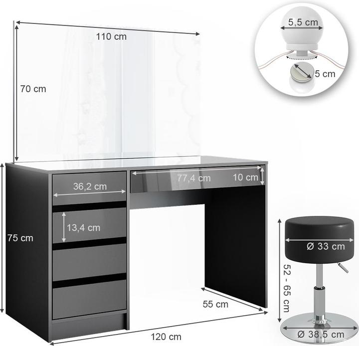 Actual product image Vicco Sherry with stool and lighting (55 x 75 x 120 cm)