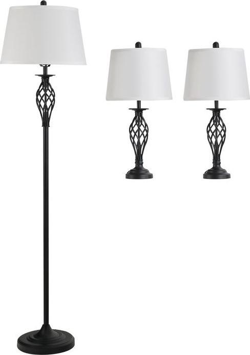 Swisshandel24 3er-Lampenset 2 Tischlampe(ø38 x 158H cm) + 1 Stehlampe(ø30 x 62H cm) Metall, PS, Polyester, Baumwol (E27)