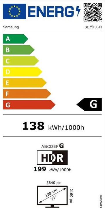 Etichetta energetica Samsung BE75FX-H Smart Signage TV 189,23 cm 74,5 Zoll (75")
