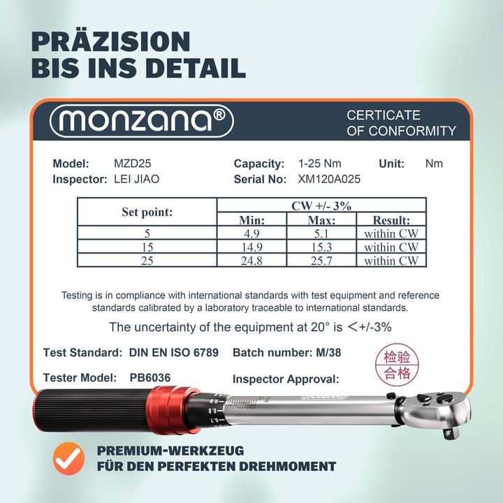 Image du produit Monzana Clé dynamométrique 1-25 Nm vélos motos (1/4", 1 Nm, 25 Nm)