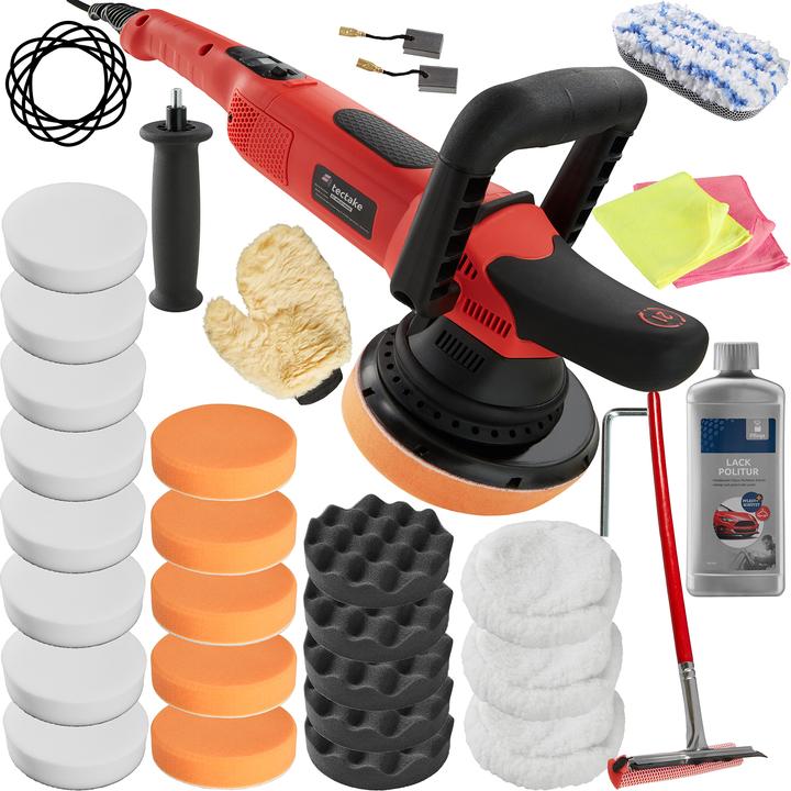 2 x charbon de rechange, Machine à polir, Plateau tournant, 500 ml, Matériel de montage, 2 chiffons en microfibre, Poignée de barre supplémentaire, 1 polish universel pour vernis, Poignée courbe supplémentaire, Manuel d'utilisateur, 8 Éponge de polissage soft 180 mm, 1 raclette en caoutchouc (2 faces), 1 éponge de lavage fine, 3 peaux de polissage super douces 180 mm, 1 gant de toilette, 5 Éponge de polissage moyenne 150 mm, 5 éponges de polissage gaufrées moyennes 150 mm, Éponge de polissage
