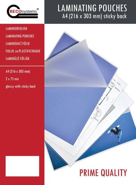 Image du produit RECOsystems Laminierfolien, 216 mm x 303 mm, DIN A4, selbstklebend, 2 x 75 Micron (A4, 100 pièce(s), 75 µm)