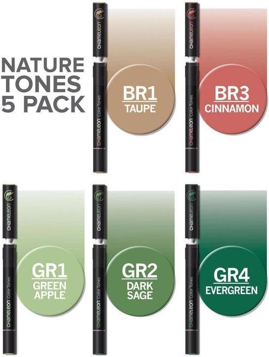 Produktbild Chameleon Aquarellfarbstifte Brushpens Naturtöne, 5 Stück (Hellgrün, Dunkelgrün, Grün, Rot, Taupe, 5 x)