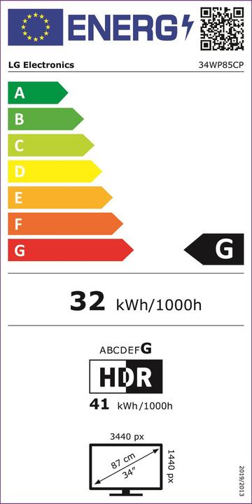 Energy Label LG LCD Monitor||34WP85CP-B|34"|Curved/21 : 9|Panel IPS|3440x1440|21:9|5 ms|Speakers|Tilt|34WP85CP-B (3440 x 1440 pixels, 34")
