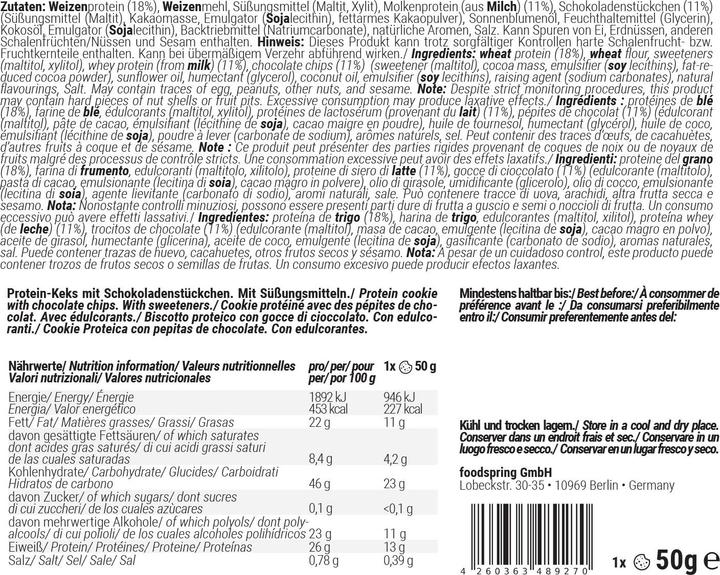 Nutritional values and ingredients Foodspring Protein Cookie (Chocolate chip, 12 pcs., 600 g)