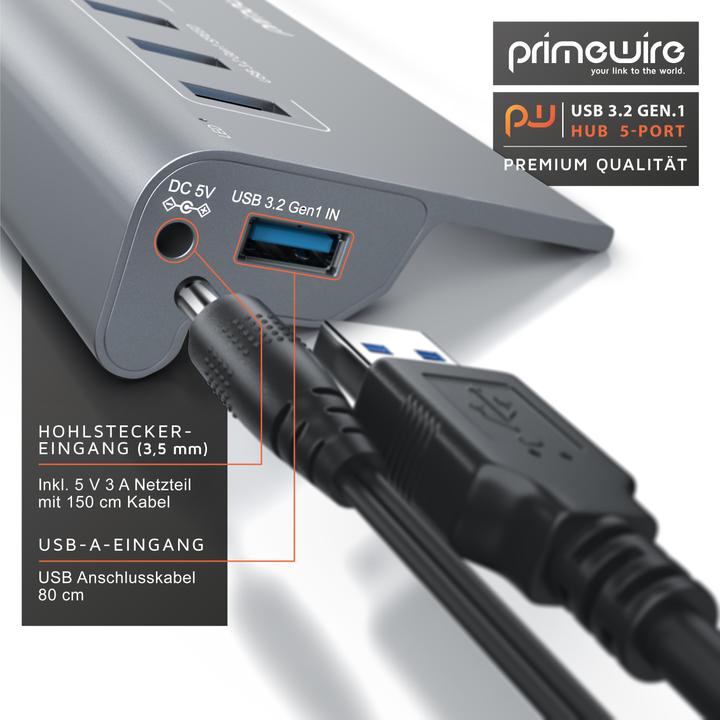 Actual product image Primewire 5 port USB 3.2 Gen.1 hub active with power supply & USB cable, USB 3.0 data hub 5 Gbit/s, USB smart (5 Ports)