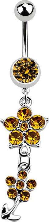 Star Piercing Banane silber mit Anhänger zwei Kristallblumen topaz (Chirurgenstahl 316L, ohne Messing)