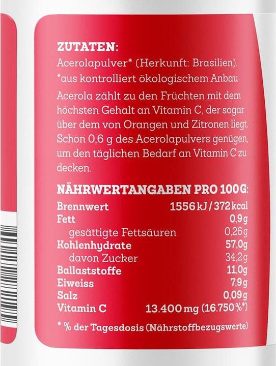 Nährwerte und Zutaten Effective Nature Bio Acerola Pulver (1 Stück, Pulver, 200 g)