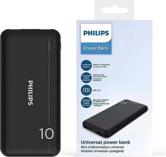 Actual product image Philips Slim Powerbank 10000mAh with LED + Micro-USB cable black (10000 mAh, 37 Wh)