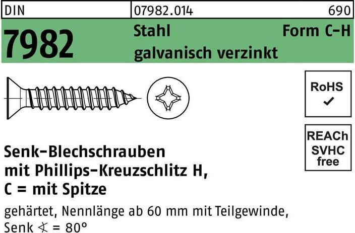 Produktbild Reyher Senkblechschraube DIN 7982 m.Kreuzschlitz-PH/Spitze C 4,8 x 22 -H Stahl galvanisch verzinkt (100 Schrauben pro Stück)