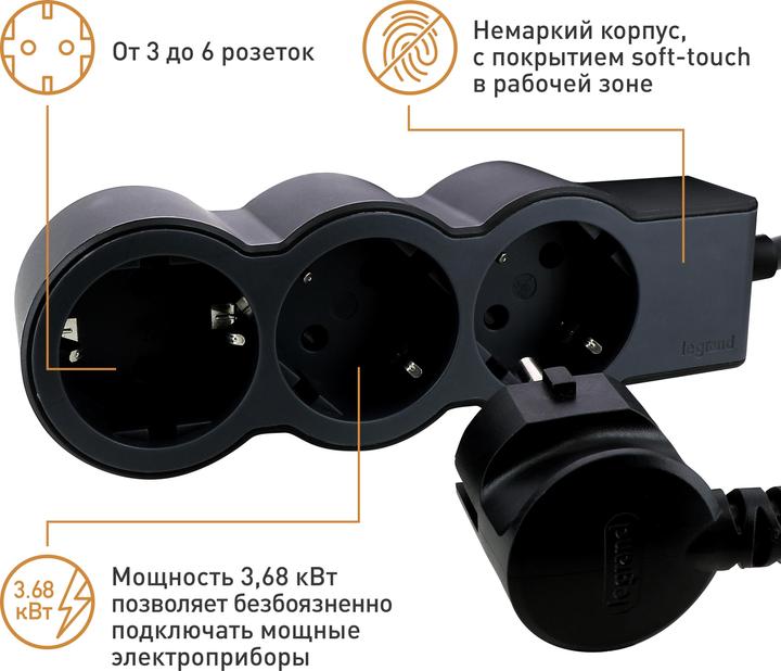 Legrand Flat socket strip 3x socket, 1.5 metre cable Black 694550 (3 x, CEE7, 1.50 m)