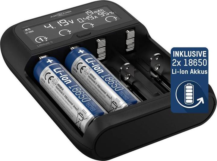 Produktbild Ansmann Lithium 4 Universalladegerät mit 2x 18650 Akkuzellen (2600mAh) Ladegerät (1 Stk., 14500, 16340, 17670, 18500, 18650, 22650, 26650, 2600 mAh, Ladegerät inkl. Akku)