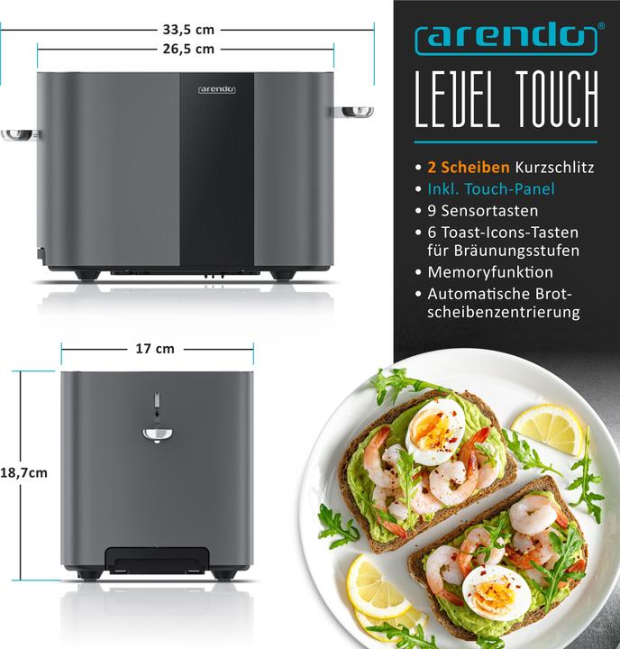 Image du produit Arendo Toaster Edelstahl 2 Scheiben Kurzschlitz, Restzeit & Bräunungsgradanzeige, Touch Display, 800 W (Prise UE)