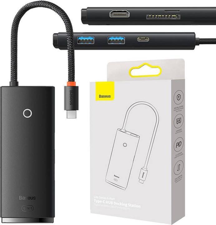 Actual product image Baseus Hub OS Lite 6-Port (Type-C to HDMI+USB3.0*2+PD+SD/TF) (black) (USB-C, 6 Ports)