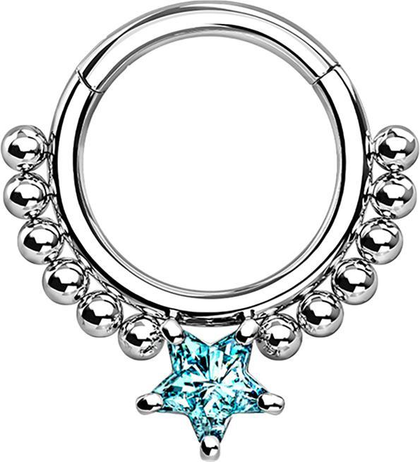 Produktbild Star Piercing Micro Segmentring klappbar silber Kugeln und Sternkistall aqua (Chirurgenstahl 316L, ohne Messing)