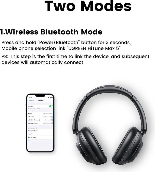 Actual product image Ugreen Słuchawki bezprzewodowe HP202 HiTune Max5 Hybrid ANC (czarne) (ANC, 90 h, Cable, Wireless)