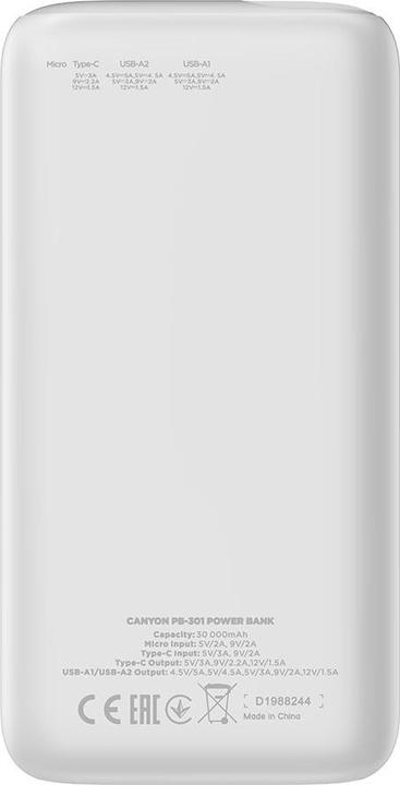 Actual product image Canyon Powerbank PB-301 30000 mAh (30000 mAh, 22.50 W, 111 Wh)