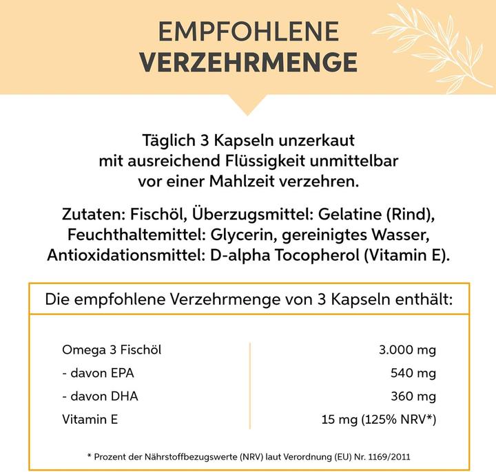 Nutritional values and ingredients Eltabia Omega 3 capsules 1000 mg fish oil high dose 3000mg daily dose with 18% EPA & 12% DHA (200 Piece, Capsules)