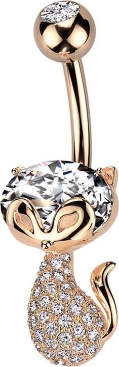 Star Piercing Banane rosegold mit Kugel rosegold Kristall silber und Katze mit Kristallen silber (Messing, Chirurgenstahl 316L)