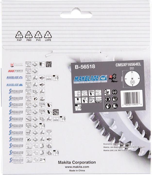 Productafbeelding Makita B-56502 TCT zaag 165X1.9X20mm 10 ° T64 MAKBLADE PLUS