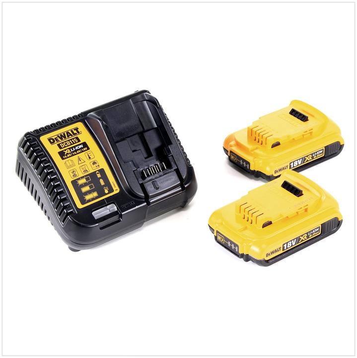 2 x Li-Ion Akkupacks DeWalt 18 V, 2.0 Ah, 1 x Ladegerät DeWalt DCB 115