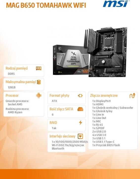 Actual product image MSI MAG B650 TOMAHAWK WIFI (AM5, AMD B650, ATX)