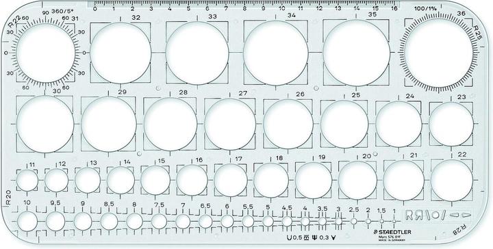 Nährwerte und Zutaten Staedtler Mars 576 01 F Kreisschablone, Kreise von 1 bis 36 mm Ø, 270 x 130 mm (34.50 cm)