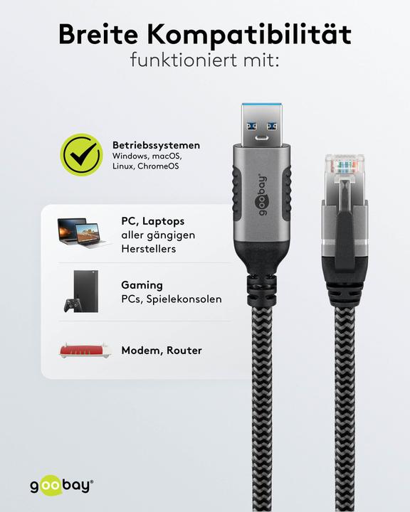 Image du produit Goobay Câble Ethernet USB-A vers RJ45, 3 m (F/UTP, CAT6, 3 m)