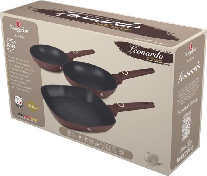 Produktbild BerlingerHaus Design-Pfannen-Set, inkl. 2 Bratpfannen und 1 Grillpfanne, Ã˜ 20/24/28cm, bordeaux (28 cm, Pfannenset + Topfset, Aluminium)