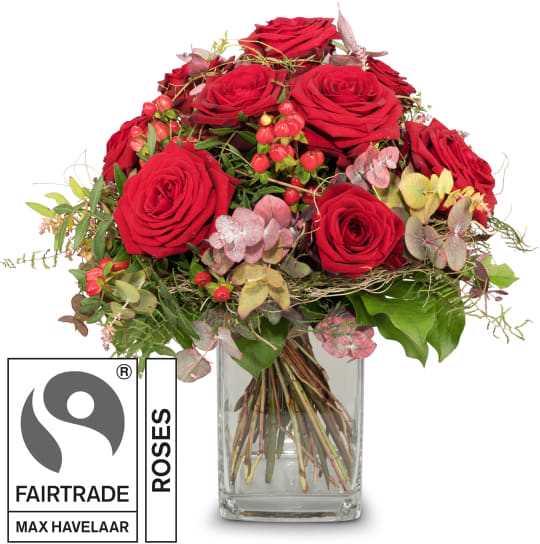 Fleurop I Love You, avec roses Fairtrade Max Havelaar à grosses têtes (Fleurs coupées)
