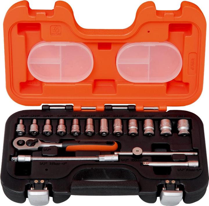 Produktbild Bahco 1/4"-Steckschlüssel-Satz, metrisch, Sechskant, inklusive Umschaltknarre - 16-teilig (6 mm, 12 mm, 10  mm, 7 mm, 11 mm, 5 mm, 8 mm, 9 mm, 13 mm, 4 mm)